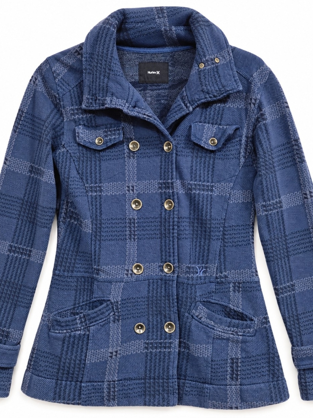 Hurley Women's Blue Plaid Double-Breasted Jacket Coat Size Small